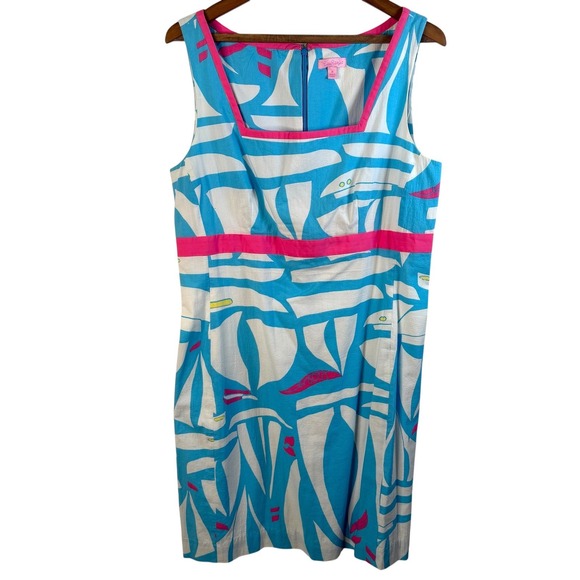 Lilly Pulitzer Dresses & Skirts - Lilly Pulitzer Sailboat Shift Dress Blue White Pink Square Neck Cotton Size 14
